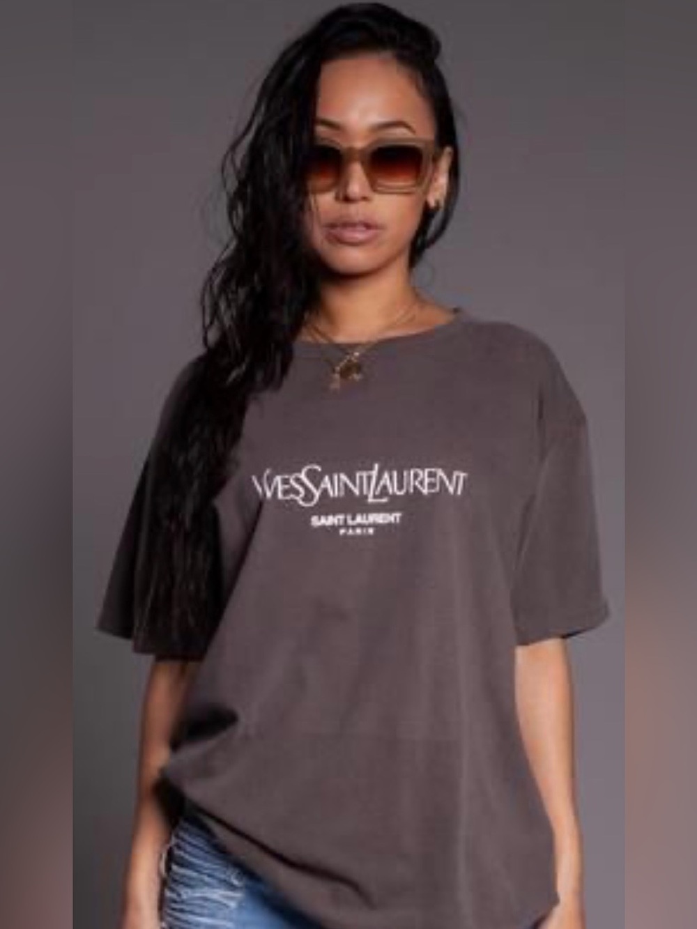 VINTAGE YSL Saint Laurent Taupe Brown Short Sleeve Logo Tee with White Print